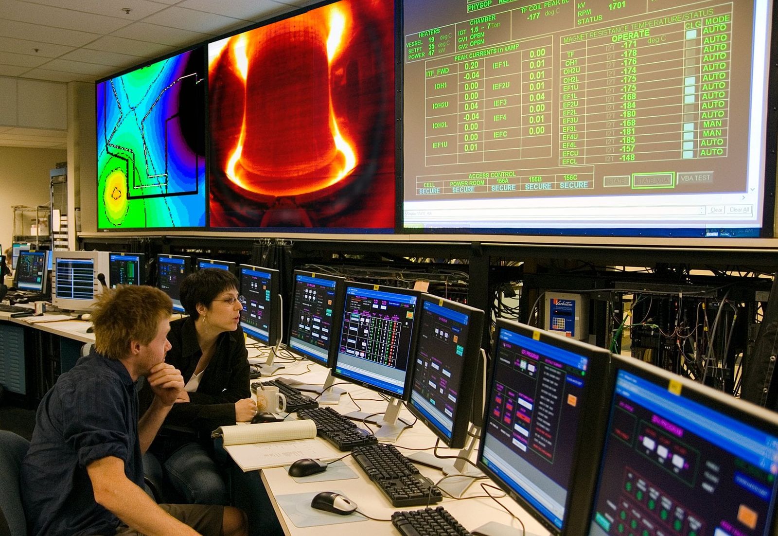 Control room displays reflect the minute plasma shifts that Princeton's PACMAN framework manages in milliseconds, far exceeding human reaction speeds.