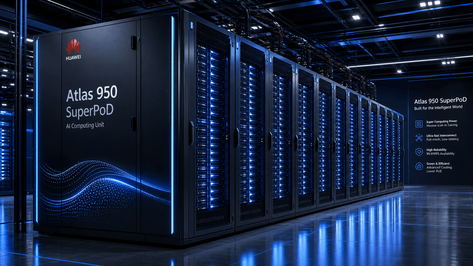 Huawei's Atlas 950 SuperPoD is central to the company's Peerium framework, designed to link thousands of accelerator cards into large compute systems.