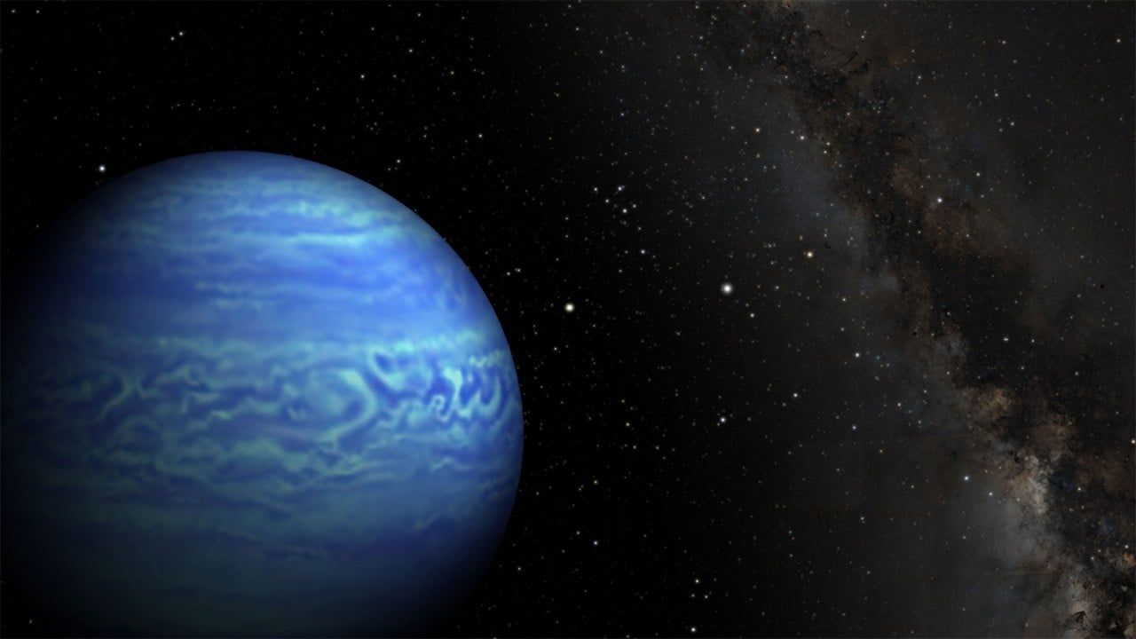 Water clouds thicken and thin across a nearby failed star