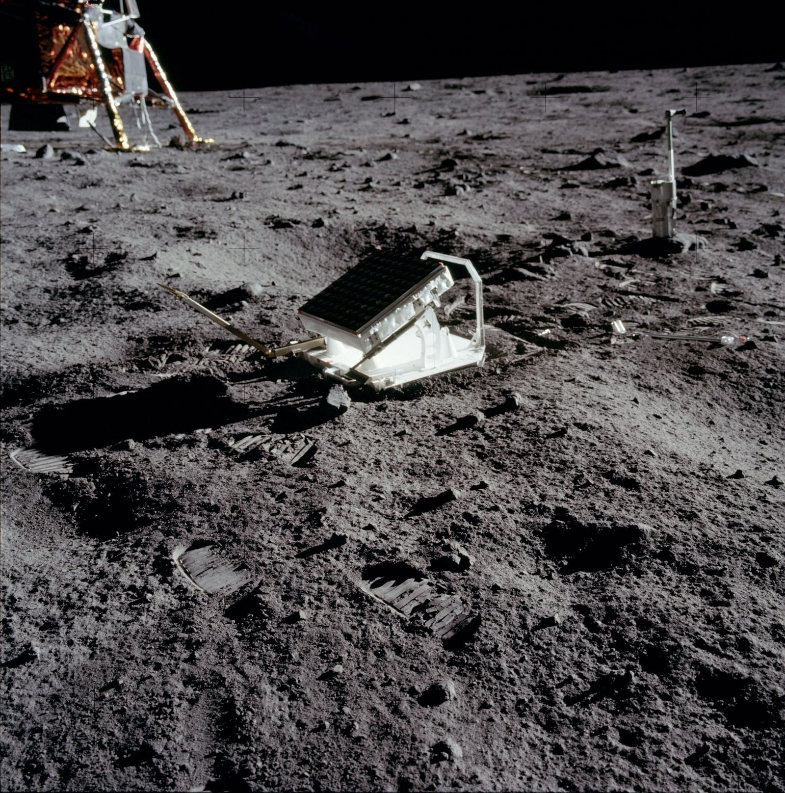 The retroreflector on the lunar surface is used for measurements that established Earth's moon recedes at four centimeters per year.
