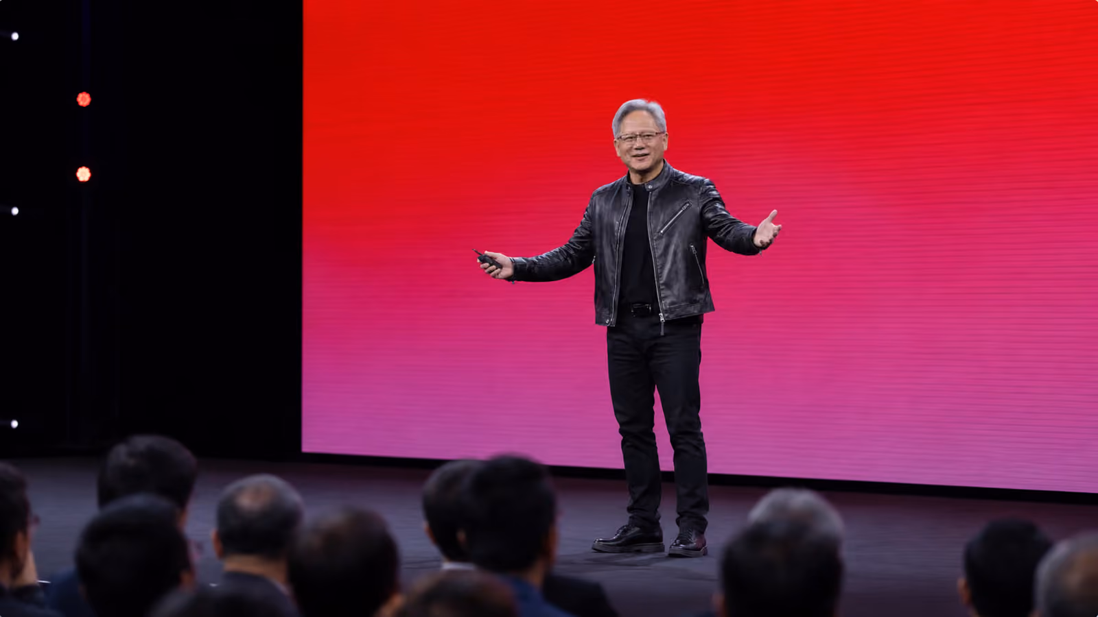 Nvidia chief executive Jensen Huang spoke before an audience at the All-In Summit in Los Angeles, where he received a call from Donald Trump.