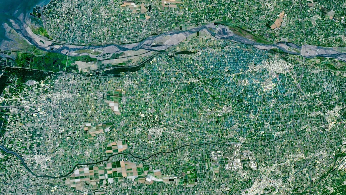 A dense agricultural mosaic covers Taiwan along the Zhuoshui River